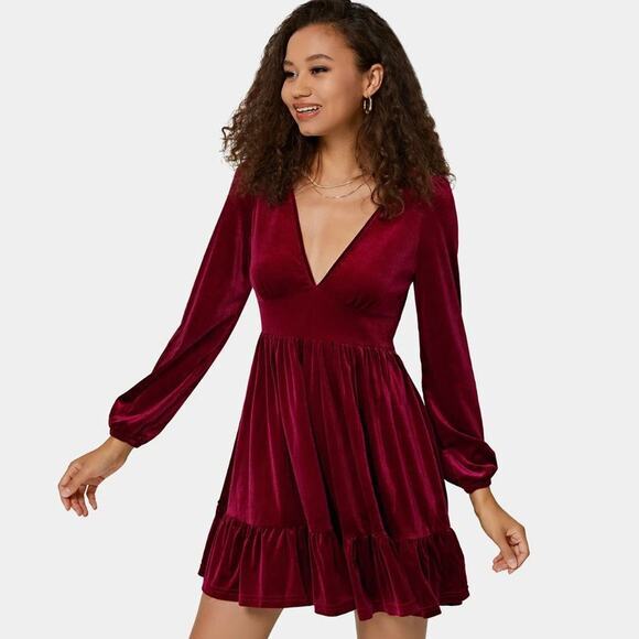 HALARA Dresses & Skirts - Halara Deep V-Neck Ruffled Hem Velvet Mini Chill Party Dress‎ in Sangria S NWT